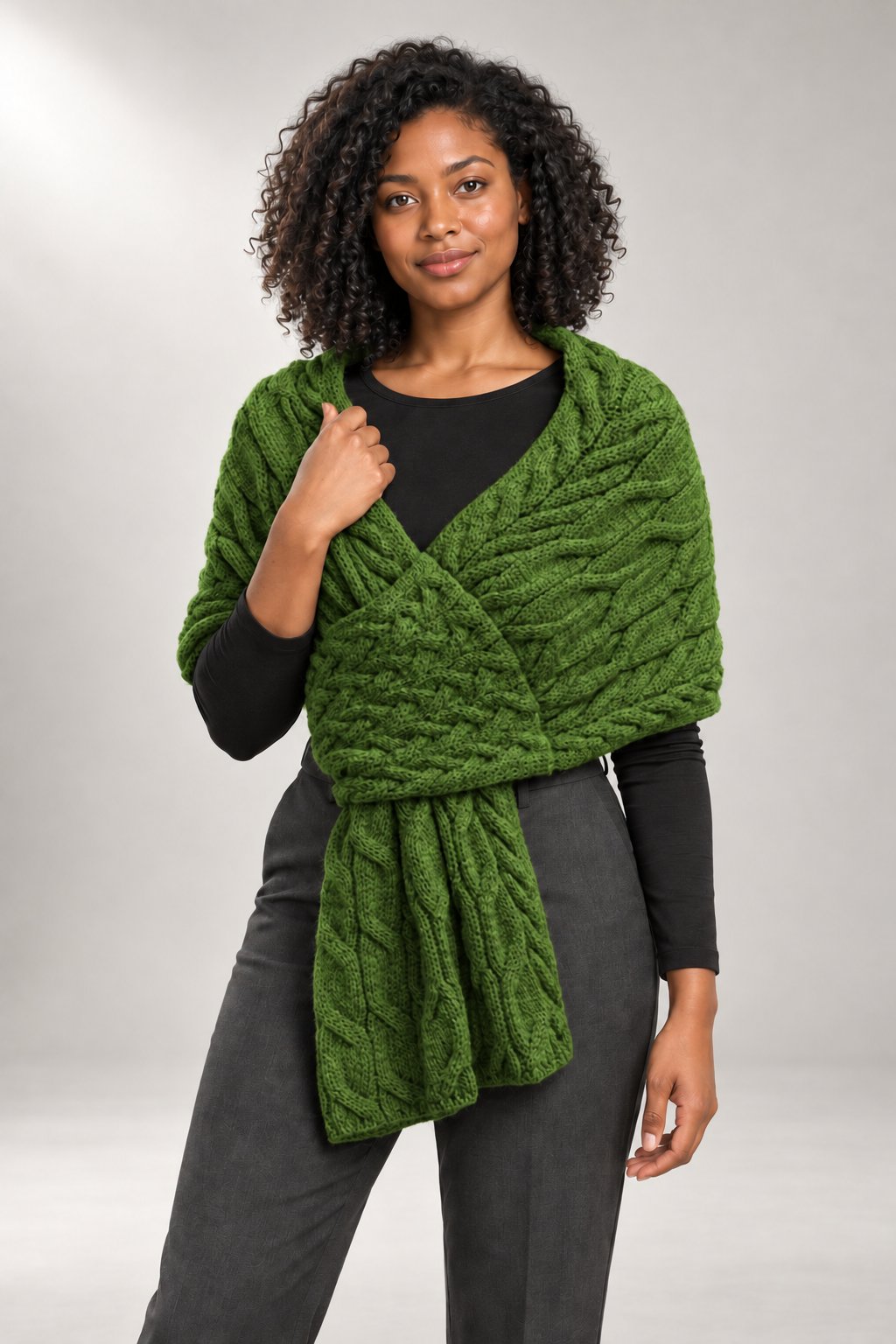 Cable-Knit Wrap Scarf — Textured Stole — Green view