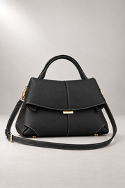 Matera Sculpted Handbag — Foldover Flap & Top Handle — Black studio view