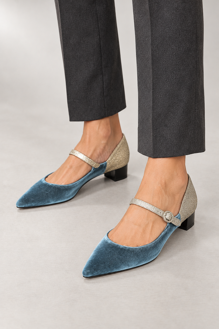 Pointed-Toe Mary Janes — Fine Strap & Low Heel — Blue studio view