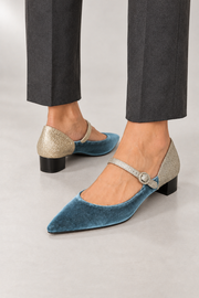 Pointed-Toe Mary Janes — Fine Strap & Low Heel — detail view in our studio