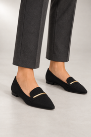 Ardelle Loafers — Pointed Toe & Metal Bar Detail — Black studio view