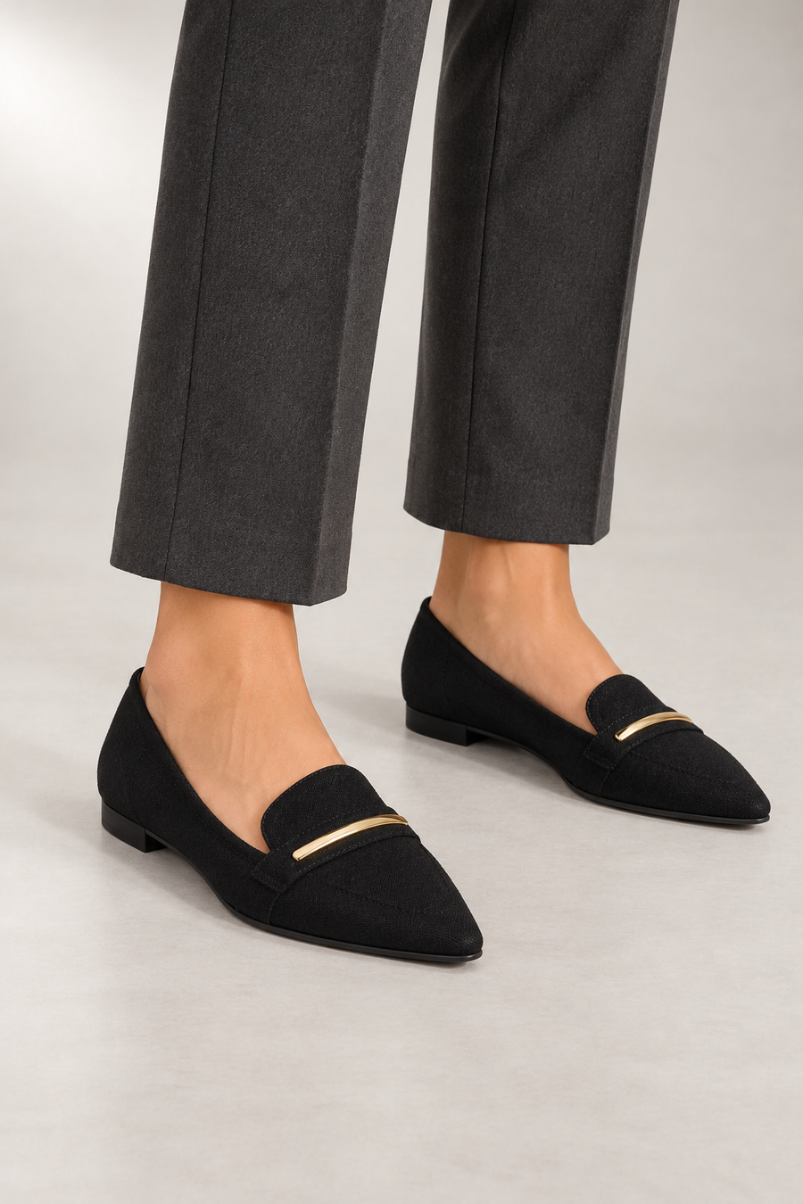 Ardelle Loafers — Pointed Toe & Metal Bar Detail — Black studio view
