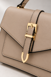 Savoia Satchel — Asymmetric Flap & Buckle Detail — detail view in our studio