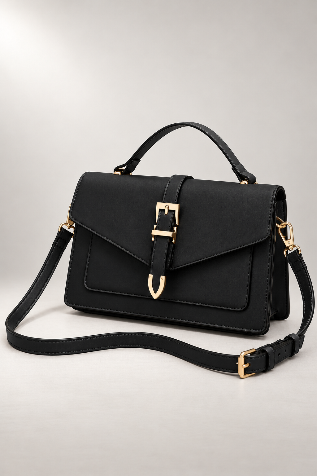 Savoia Satchel — Asymmetric Flap & Buckle Detail — Black studio view