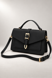 Savoia Satchel — Asymmetric Flap & Buckle Detail — Black studio view