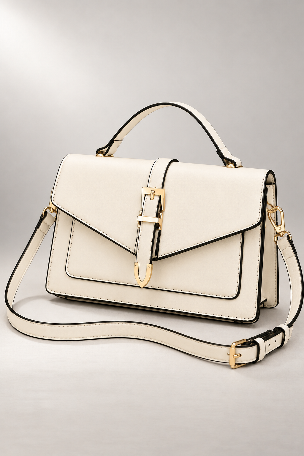 Savoia Satchel — Asymmetric Flap & Buckle Detail — White studio view