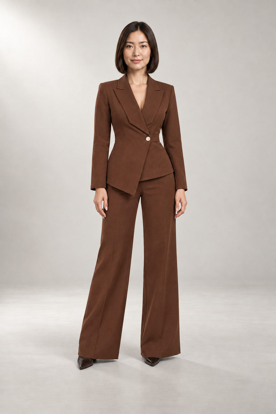 Tailored Two-Piece Pantsuit — Belted Blazer & Wide-Leg Pants — Brown studio view