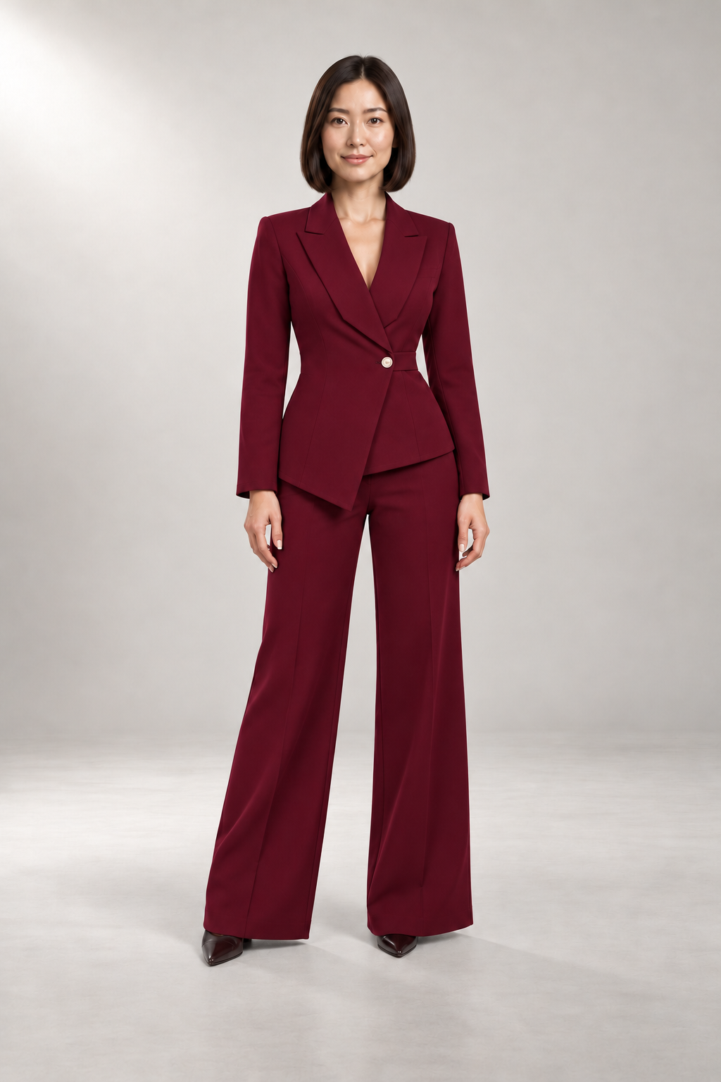 Tailored Two-Piece Pantsuit — Belted Blazer & Wide-Leg Pants — Burgundy studio view