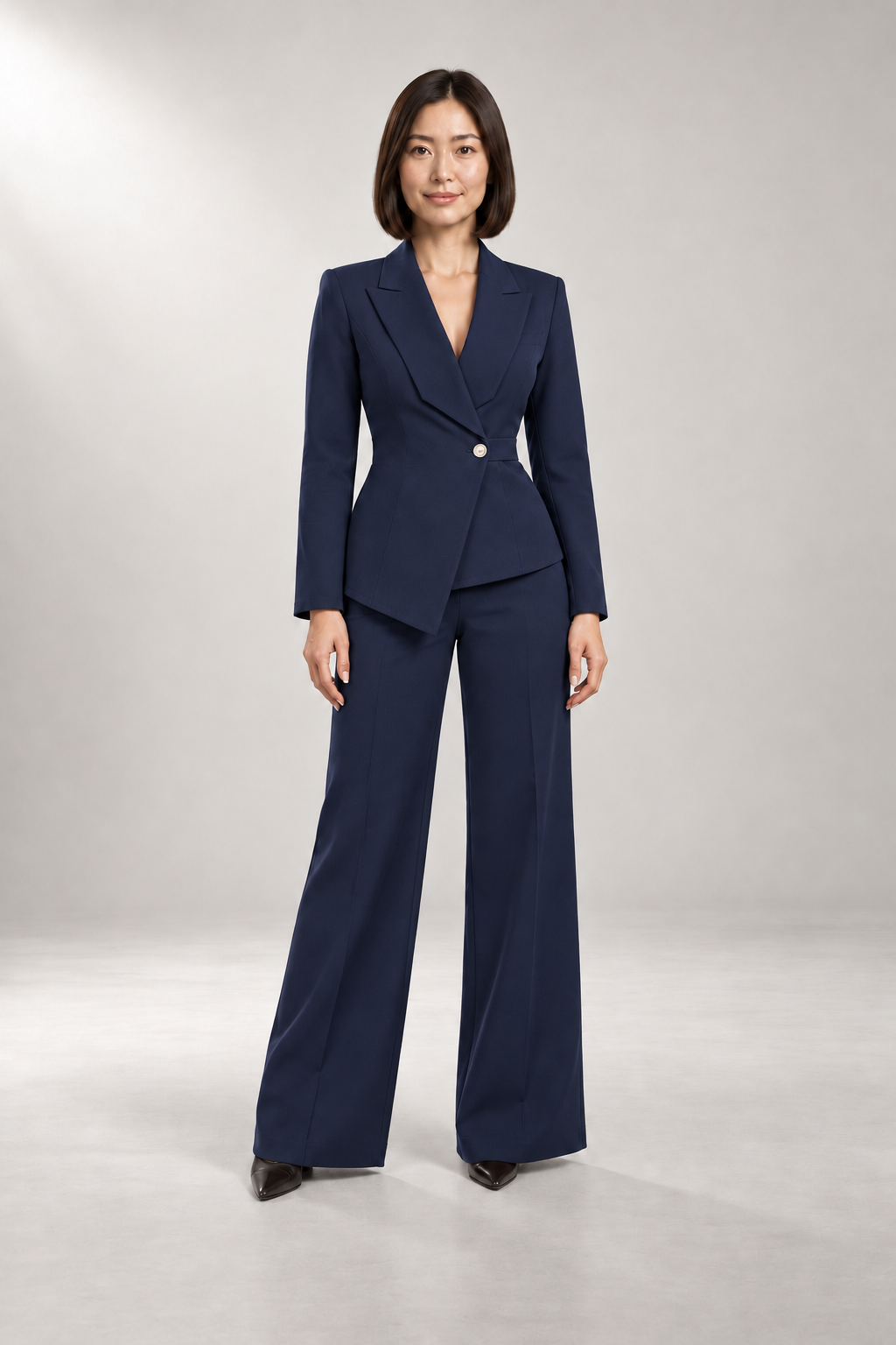 Tailored Two-Piece Pantsuit — Belted Blazer & Wide-Leg Pants — Navy studio view