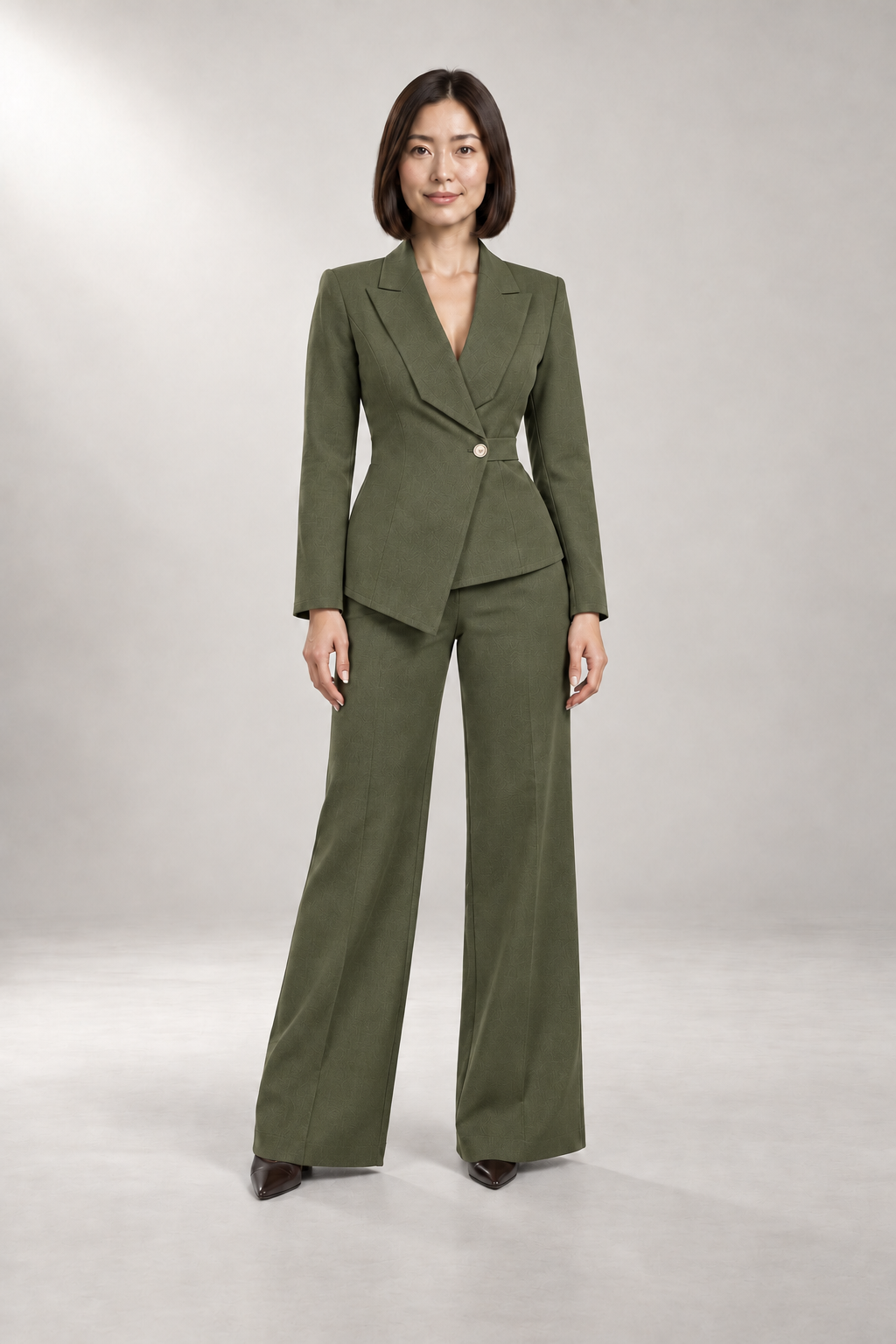 Tailored Two-Piece Pantsuit — Belted Blazer & Wide-Leg Pants — Olive Green studio view