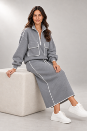 Scuba-Knit Two-Piece Set — Long-Sleeve Top & Midi Skirt — detail view in our studio