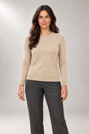 Claire Crew-Neck Sweater — Smooth Knit & Ribbed Trim — Beige studio view