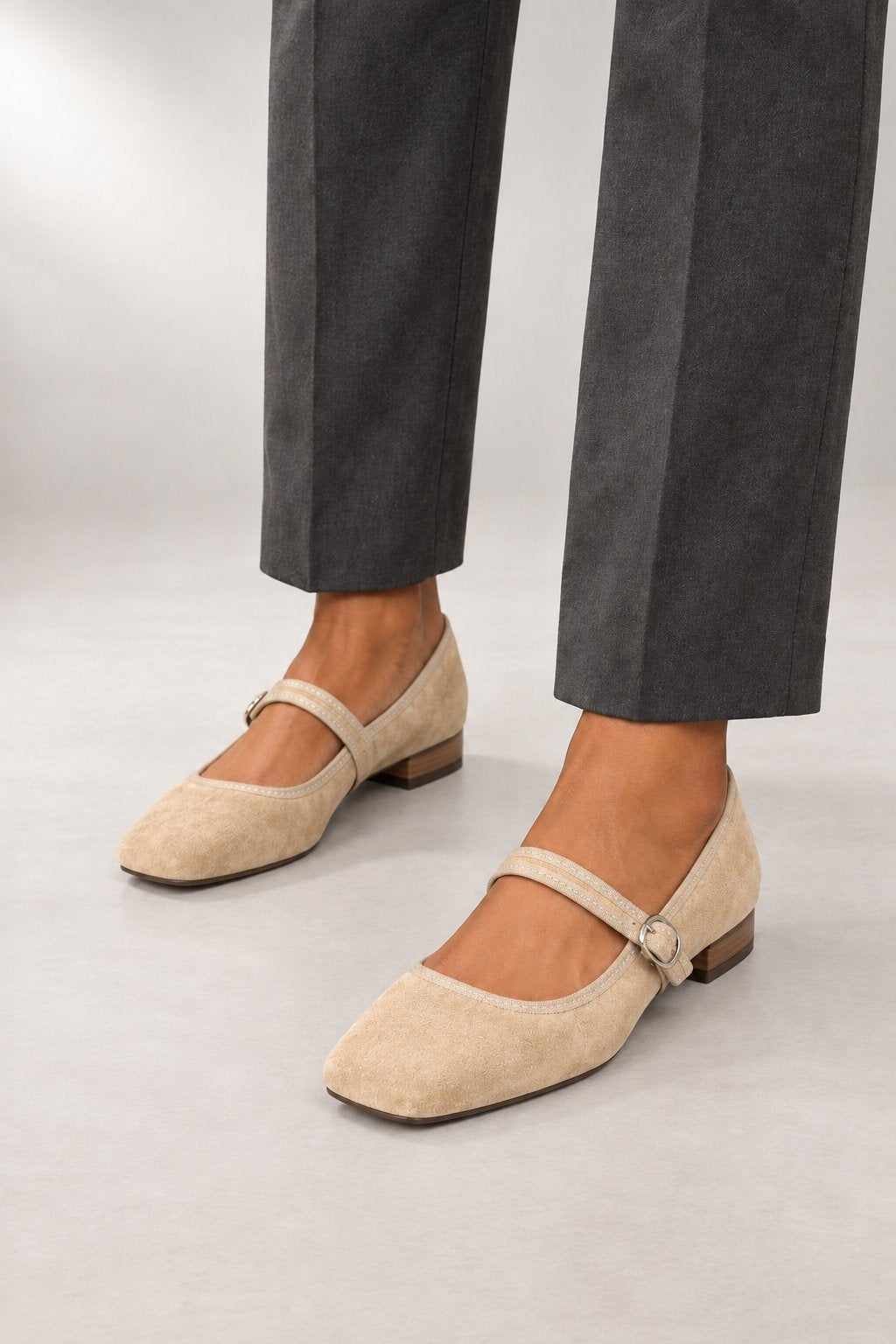 Mary Jane Shoes — Square Toe & Single Buckle Strap — Apricot studio view