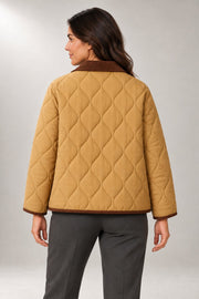 Solenne Quilted Jacket — Contrast Collar & Trim — back view in our studio