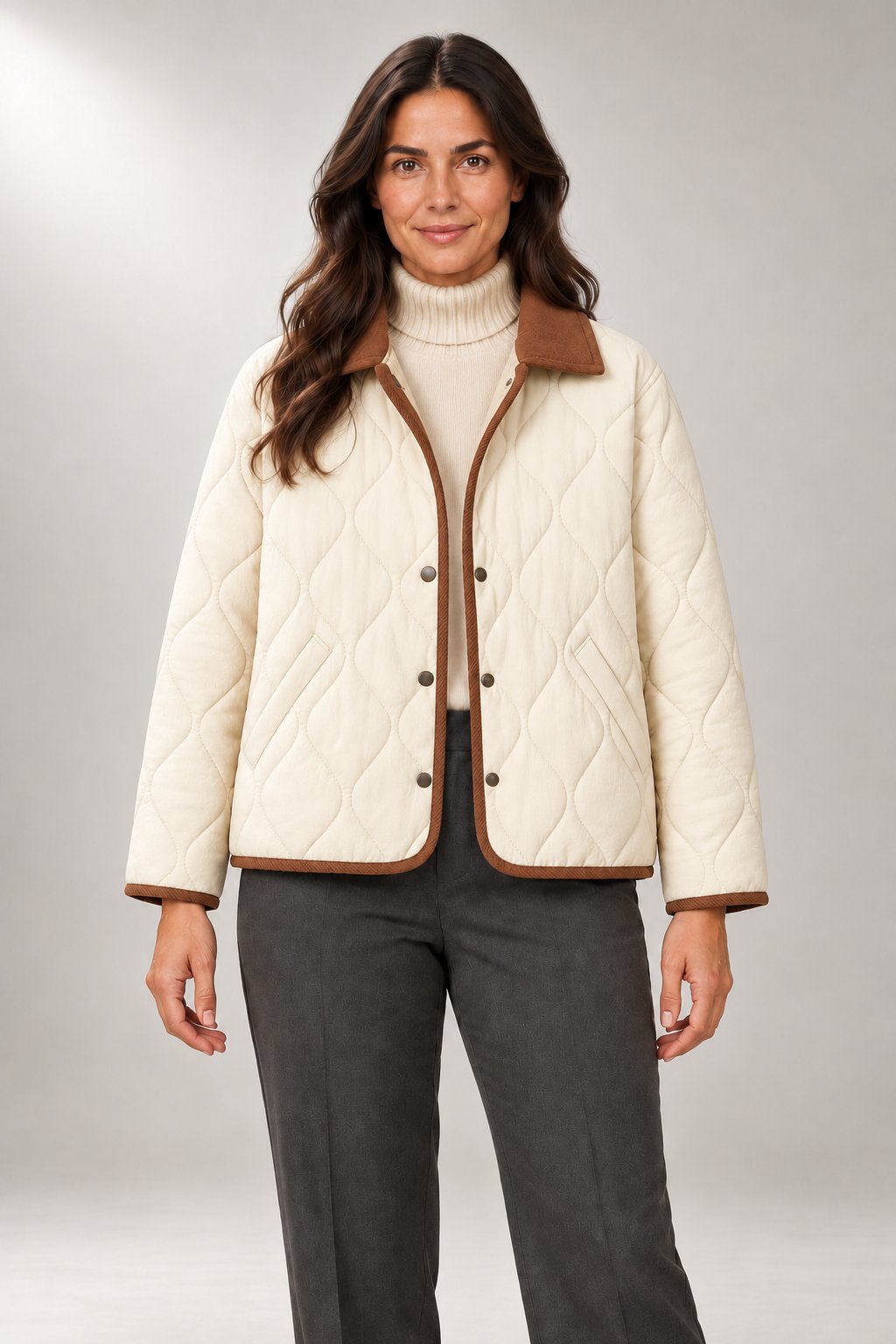 Solenne Quilted Jacket — Contrast Collar & Trim — White studio view