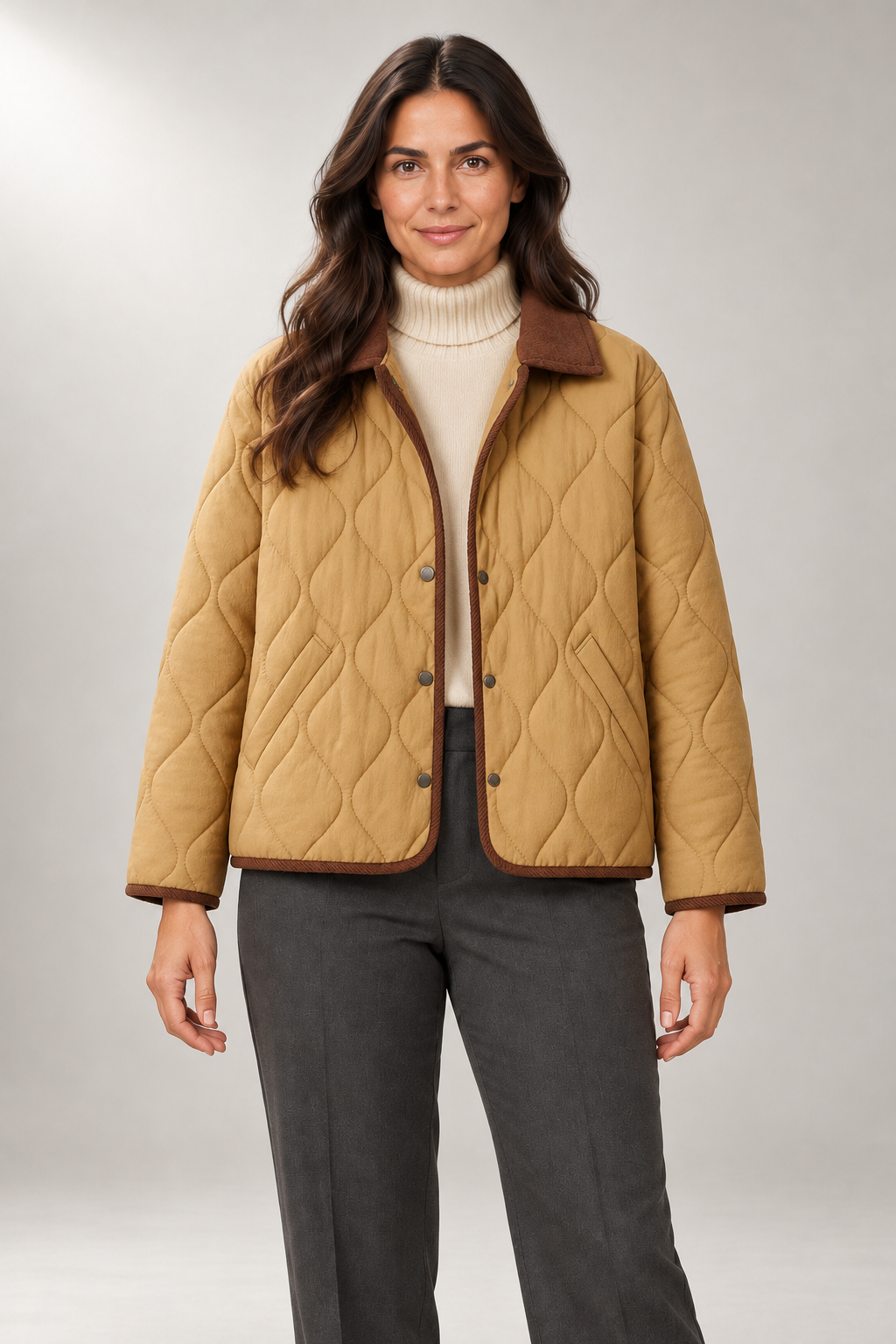 Solenne Quilted Jacket — Contrast Collar & Trim — Brown studio view