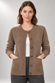 Abigail Cable Cardigan — Button Front & Patch Pockets — detail view in our studio