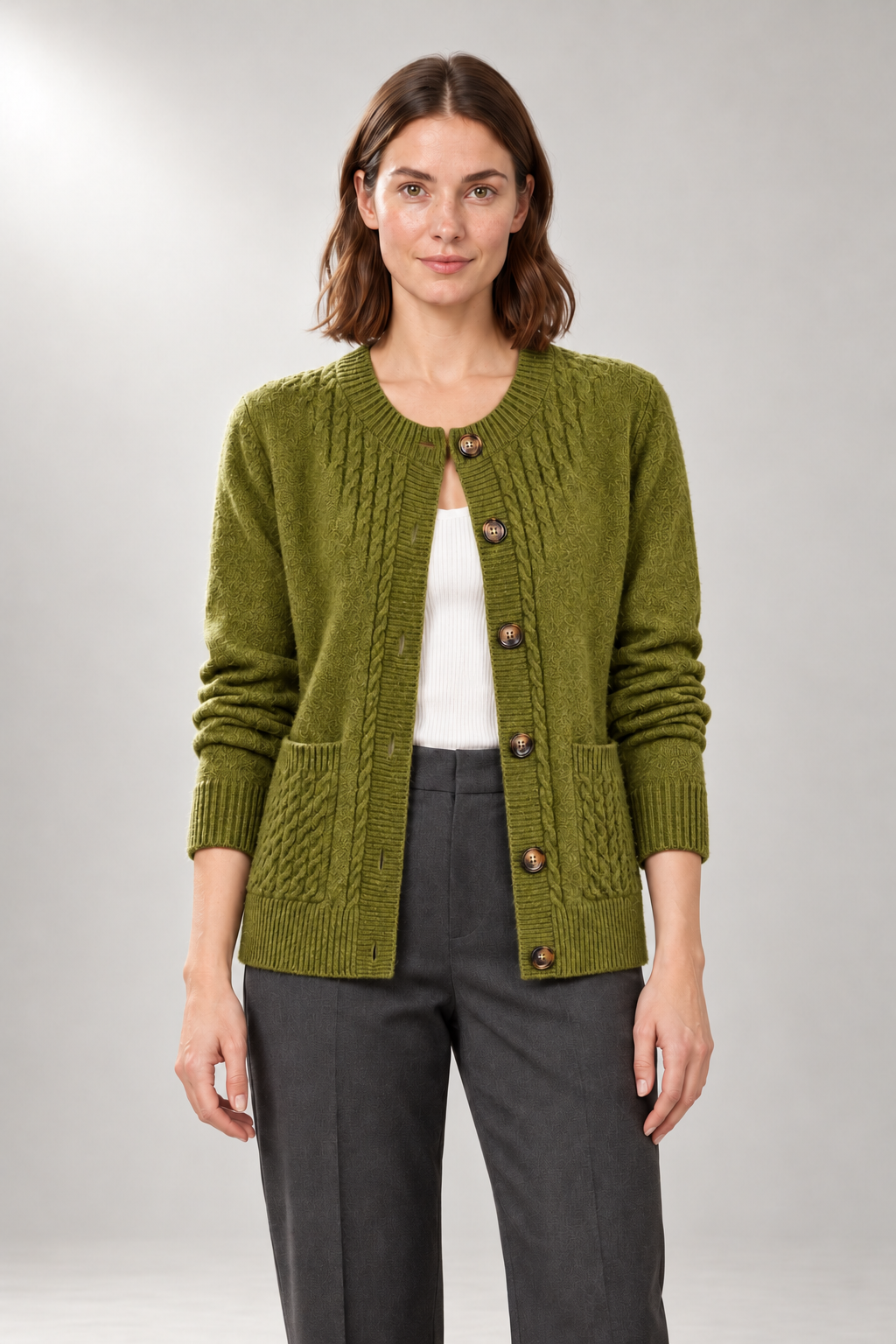 Abigail Cable Cardigan — Button Front & Patch Pockets — Olive studio view