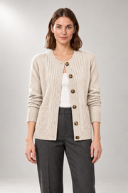 Abigail Cable Cardigan — Button Front & Patch Pockets — Beige studio view