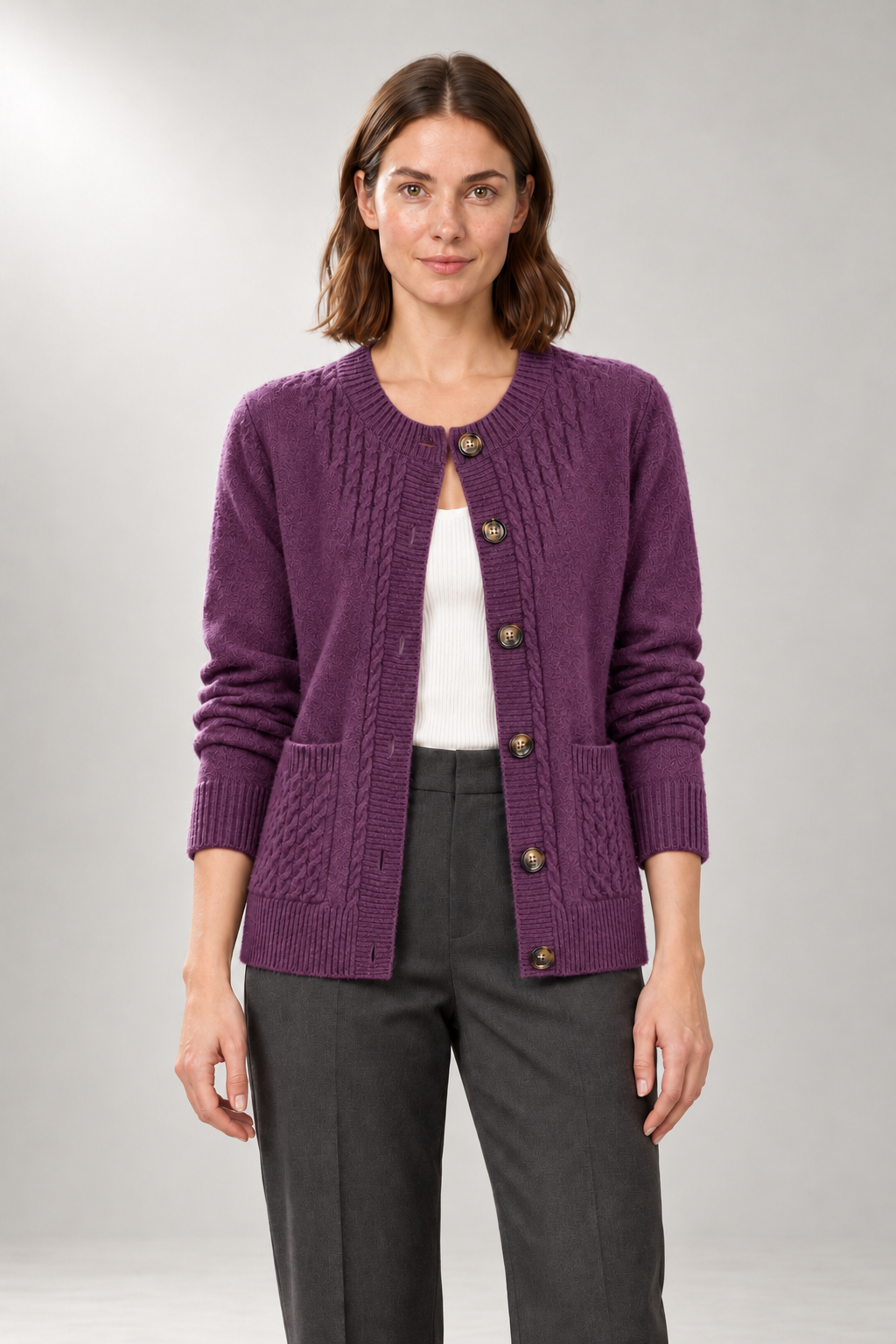 Abigail Cable Cardigan — Button Front & Patch Pockets — Purple studio view