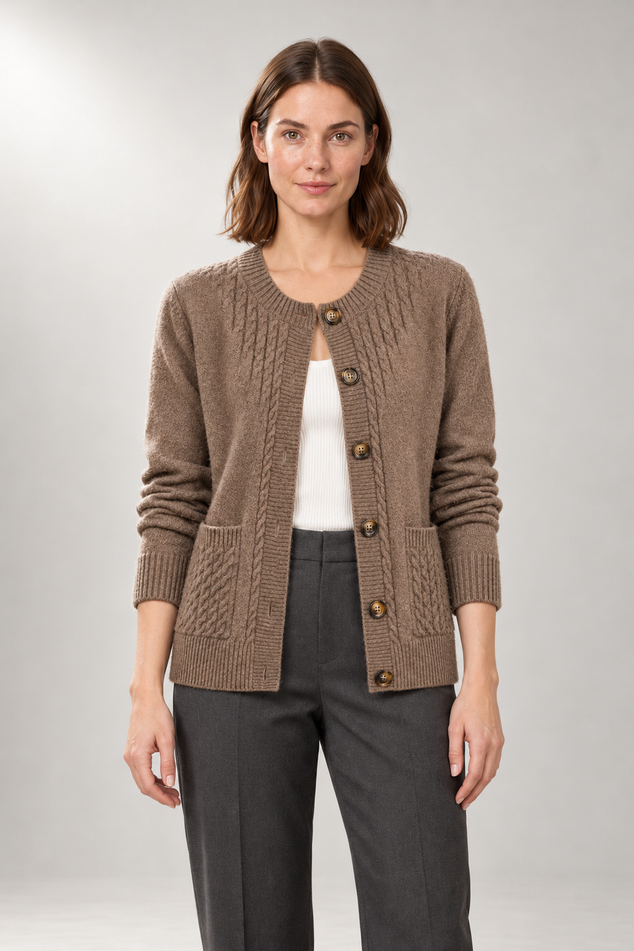 Abigail Cable Cardigan — Button Front & Patch Pockets — Khaki studio view